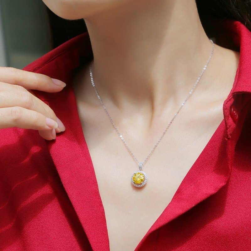 Yellow Moissanite CZ Round 925 Sterling Silver Necklace