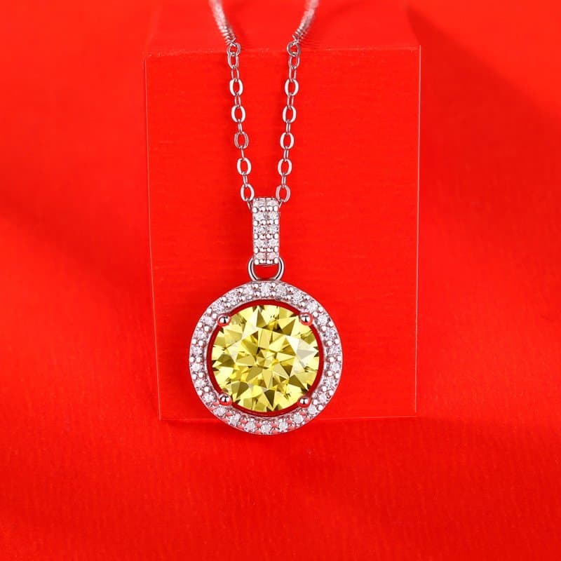 Yellow Moissanite CZ Round 925 Sterling Silver Necklace