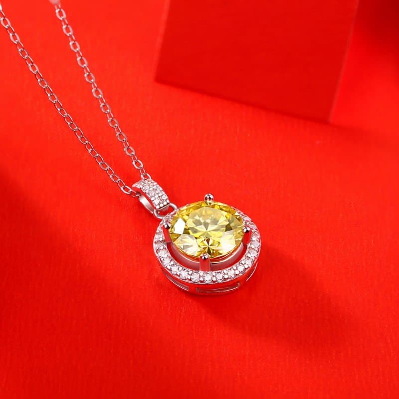 Yellow Moissanite CZ Round 925 Sterling Silver Necklace
