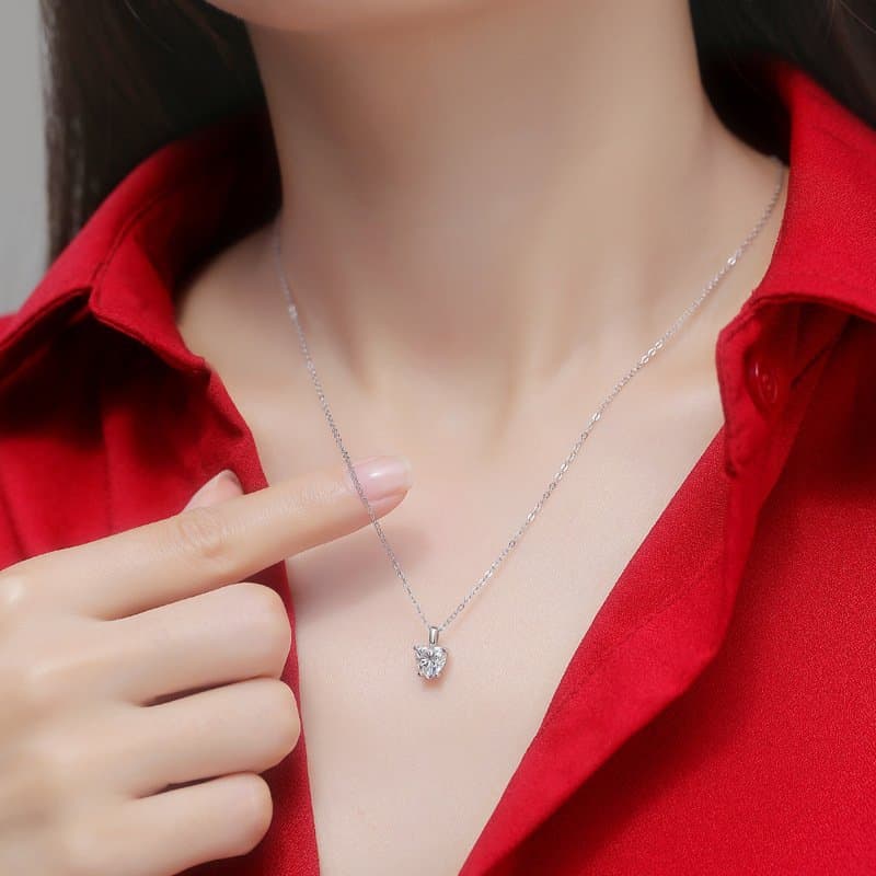 Moissanite CZ Heart Dangle 925 Sterling Silver Necklace