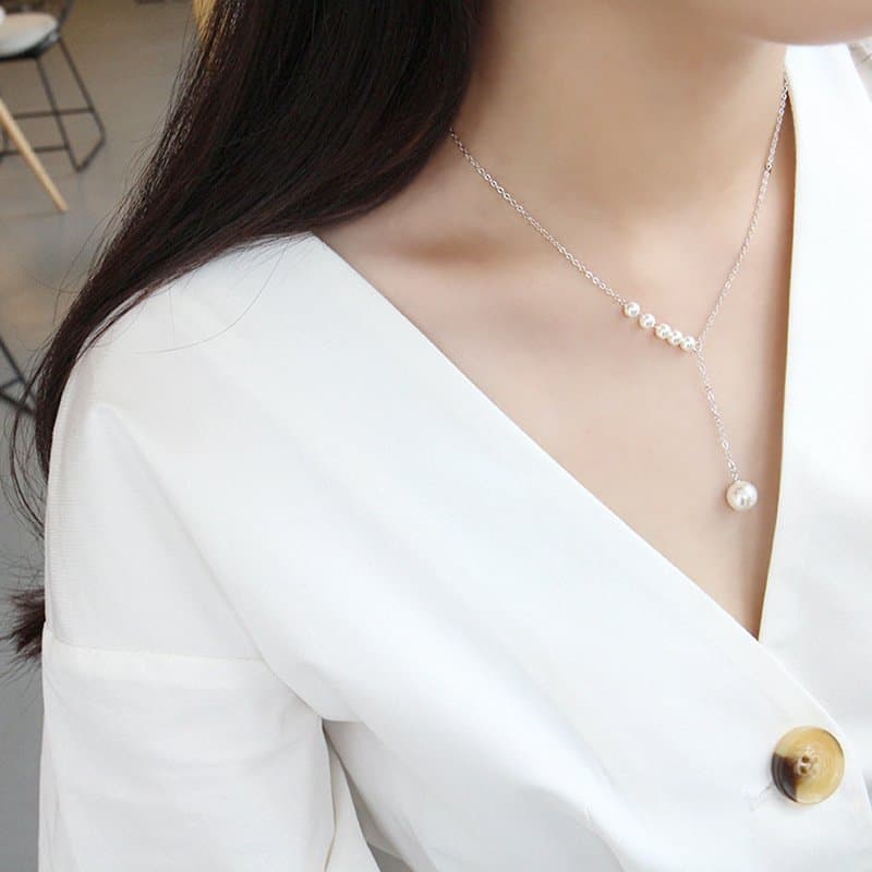 Round Shell Pearls Y Shape 925 Sterling Silver Necklace