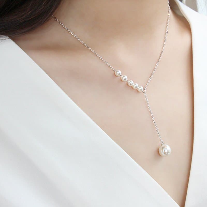 Round Shell Pearls Y Shape 925 Sterling Silver Necklace