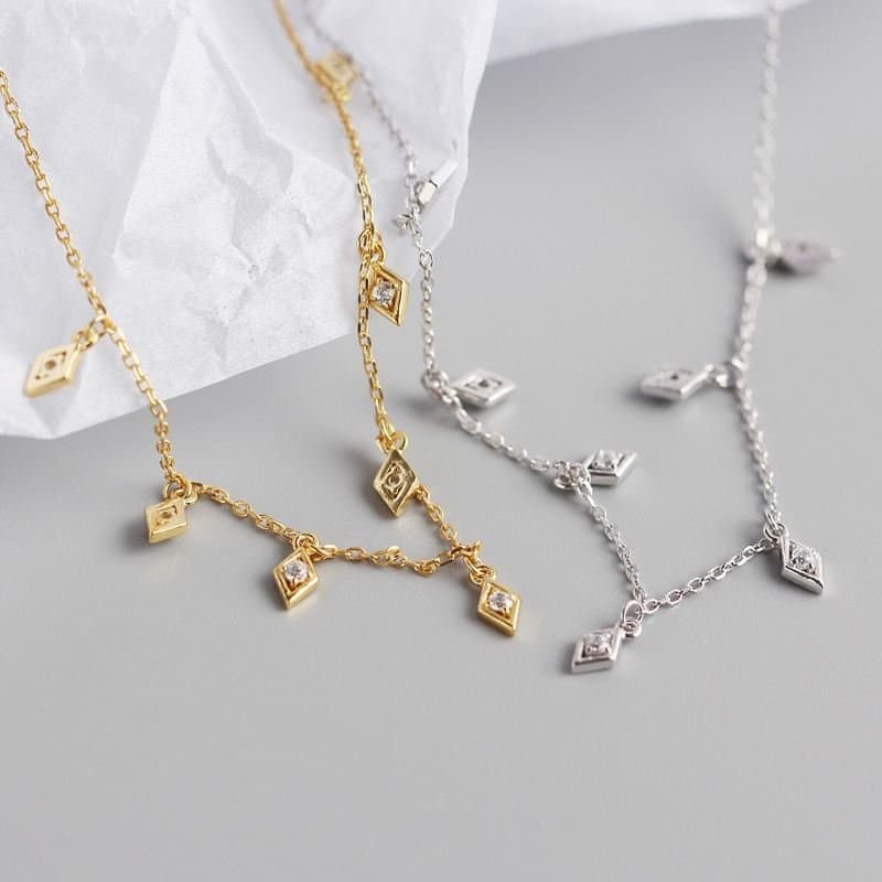 Elegant Geometric Rhombus CZ 925 Sterling Silver Necklace