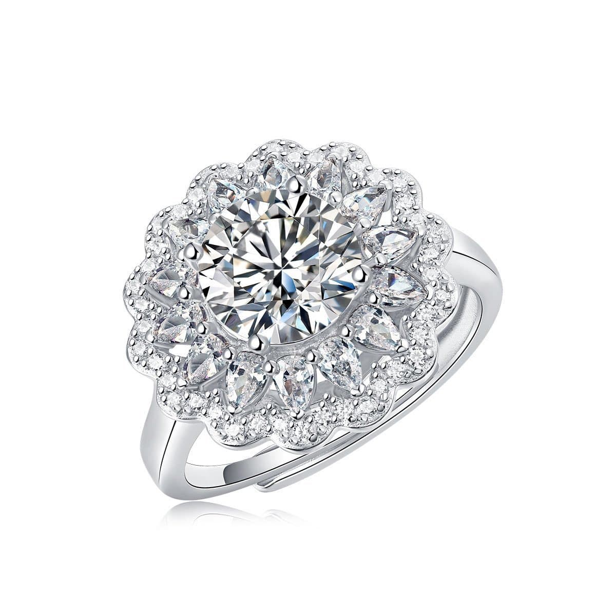 2ct Moissanite CZ Flower 925 Sterling Silver Adjustable Ring
