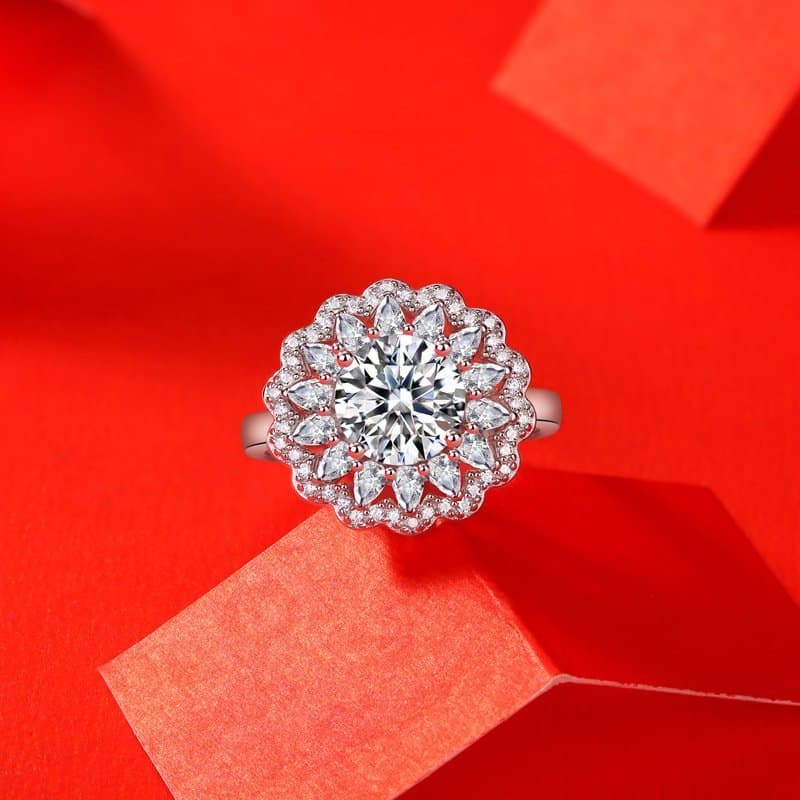 2ct Moissanite CZ Flower 925 Sterling Silver Adjustable Ring