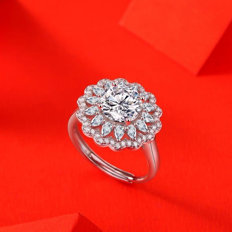 2ct Moissanite CZ Flower 925 Sterling Silver Adjustable Ring