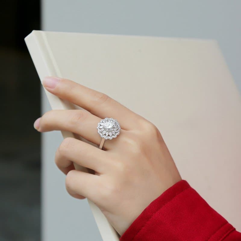 2ct Moissanite CZ Flower 925 Sterling Silver Adjustable Ring