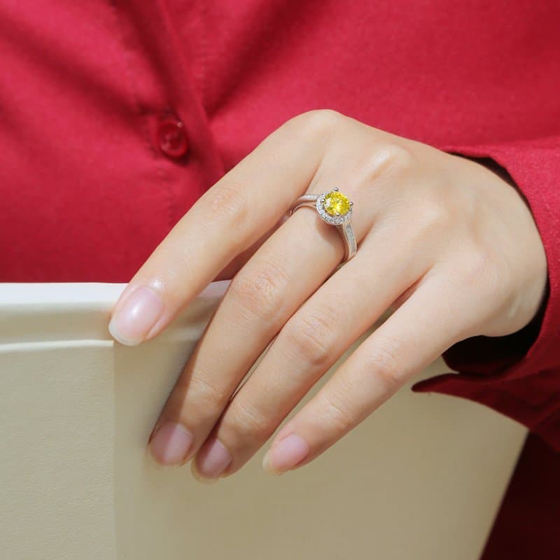 Yellow Round Moissanite CZ 925 Sterling Silver Adjustable Ring