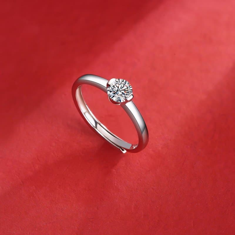 Single Moissanite CZ Round 925 Sterling Silver Adjustable Ring