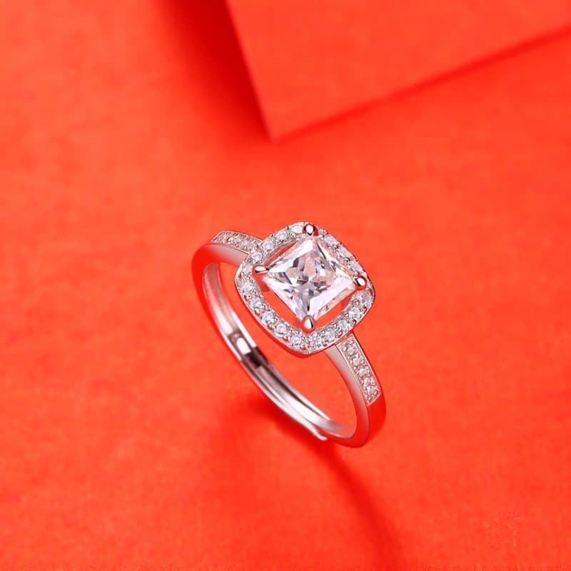 Shining Moissanite CZ Square 925 Sterling Silver Adjustable Ring