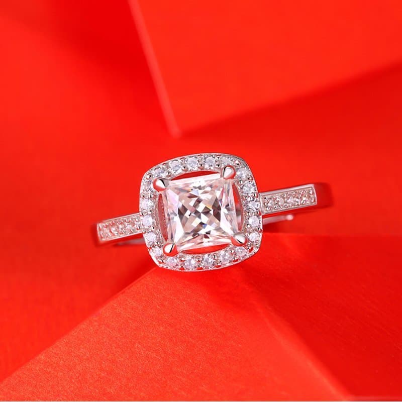 Shining Moissanite CZ Square 925 Sterling Silver Adjustable Ring