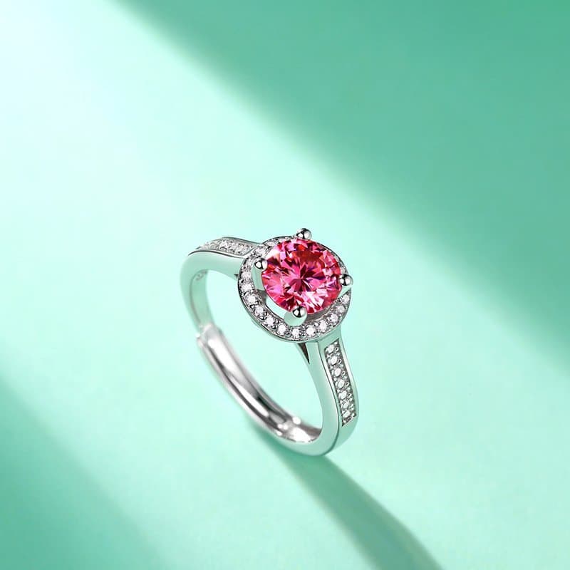 Pink Round Moissanite CZ 925 Sterling Silver Adjustable Ring