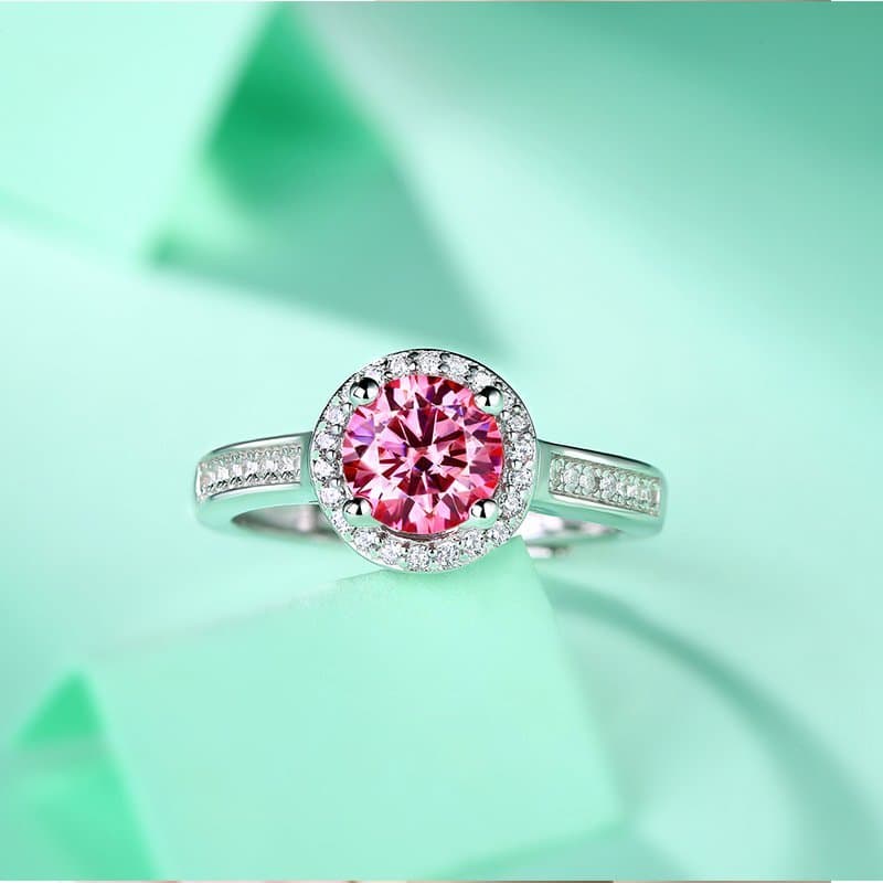 Pink Round Moissanite CZ 925 Sterling Silver Adjustable Ring