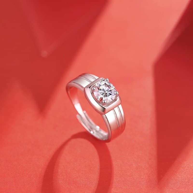 Men Moissanite CZ Geometric Square 925 Sterling Silver Adjustable Ring