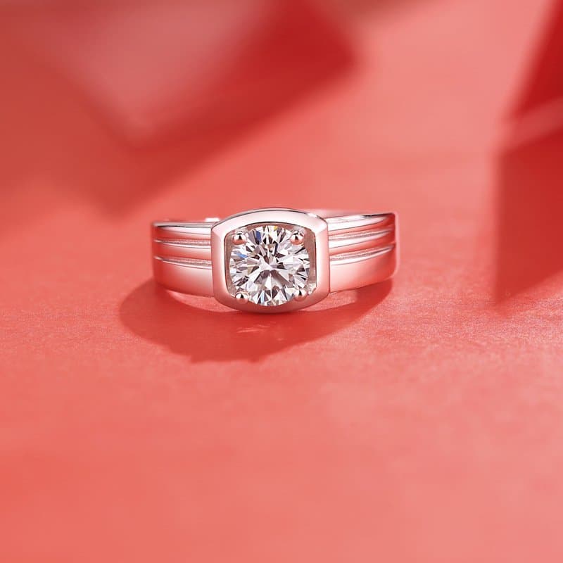 Men Moissanite CZ Geometric Square 925 Sterling Silver Adjustable Ring