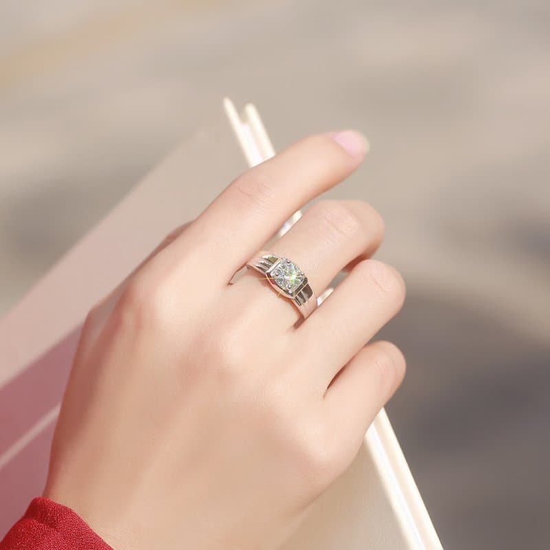 Men Moissanite CZ Geometric Square 925 Sterling Silver Adjustable Ring