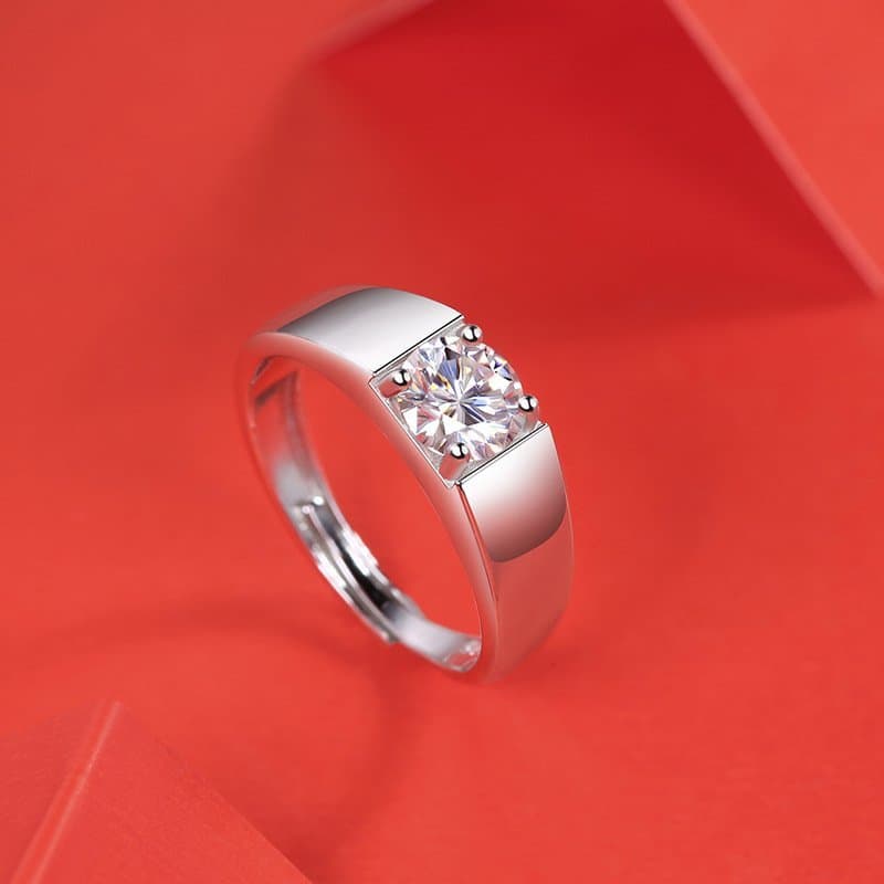 Men Round Moissanite CZ Geometric 925 Sterling Silver Adjustable Ring