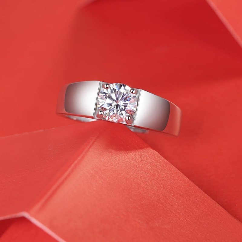 Men Round Moissanite CZ Geometric 925 Sterling Silver Adjustable Ring