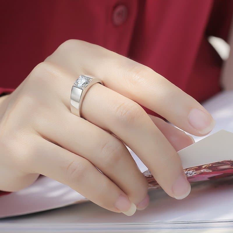 Men Round Moissanite CZ Geometric 925 Sterling Silver Adjustable Ring
