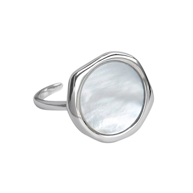 Geometric Round Mother of Shell 925 Sterling Silver Adjustable Ring
