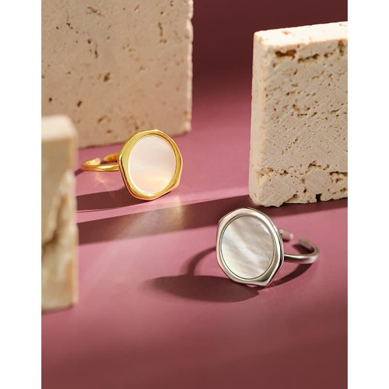 Geometric Round Mother of Shell 925 Sterling Silver Adjustable Ring