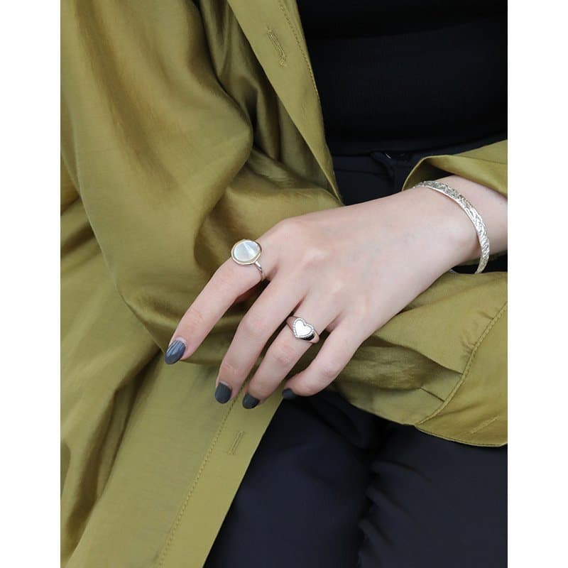 Geometric Round Mother of Shell 925 Sterling Silver Adjustable Ring