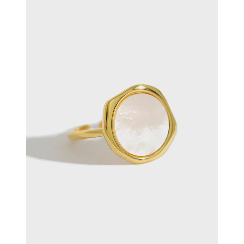 Geometric Round Mother of Shell 925 Sterling Silver Adjustable Ring
