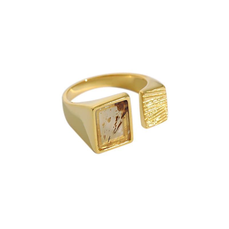 Men's Geometric Square Natural Agate 925 Sterling Silver Adjustable Ring