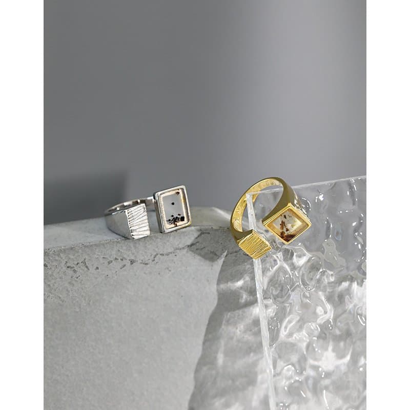 Men's Geometric Square Natural Agate 925 Sterling Silver Adjustable Ring