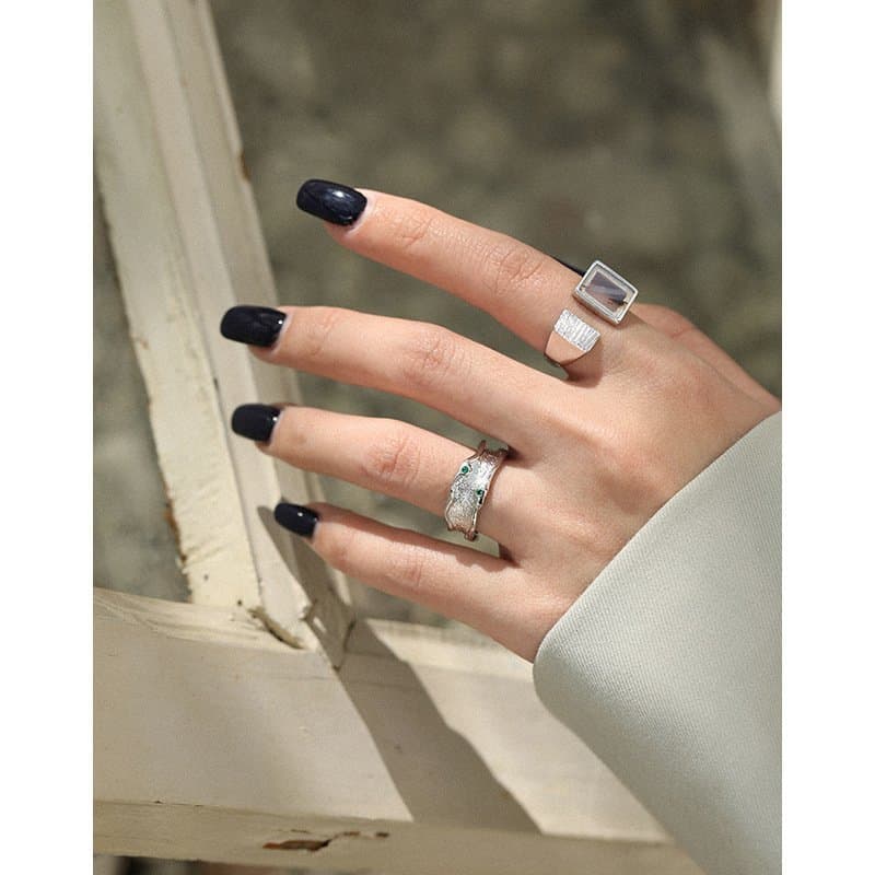 Men's Geometric Square Natural Agate 925 Sterling Silver Adjustable Ring