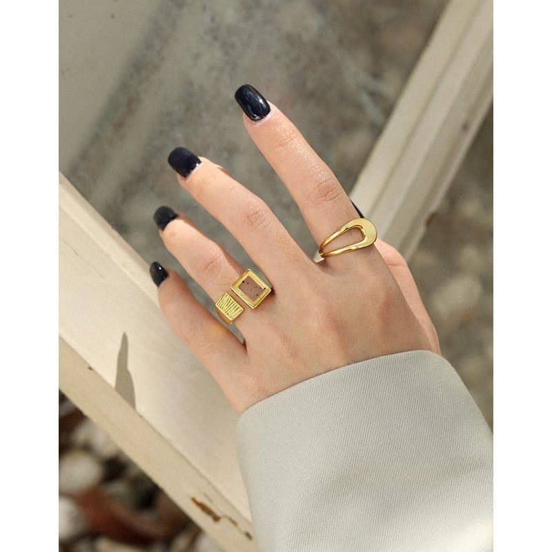 Men's Geometric Square Natural Agate 925 Sterling Silver Adjustable Ring