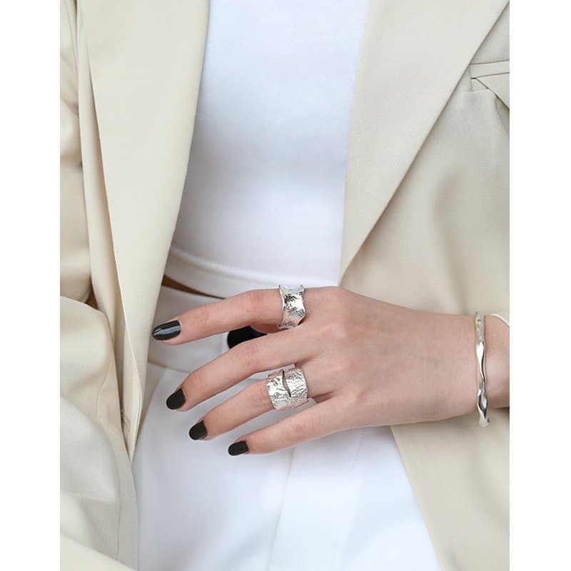 Irregular Tinfoil Wide 925 Sterling Silver Adjustable Ring