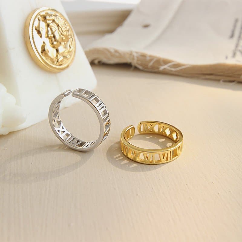 Hollow Roman Numerals 925 Sterling Silver Adjustable Ring
