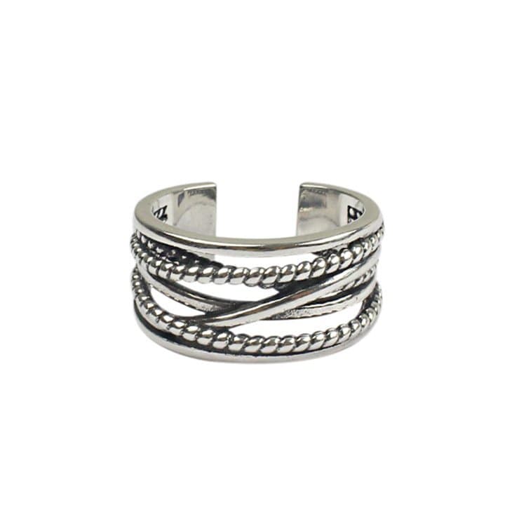 Vintage Multi Layer Beads Twisted 925 Sterling Silver Adjustable Ring