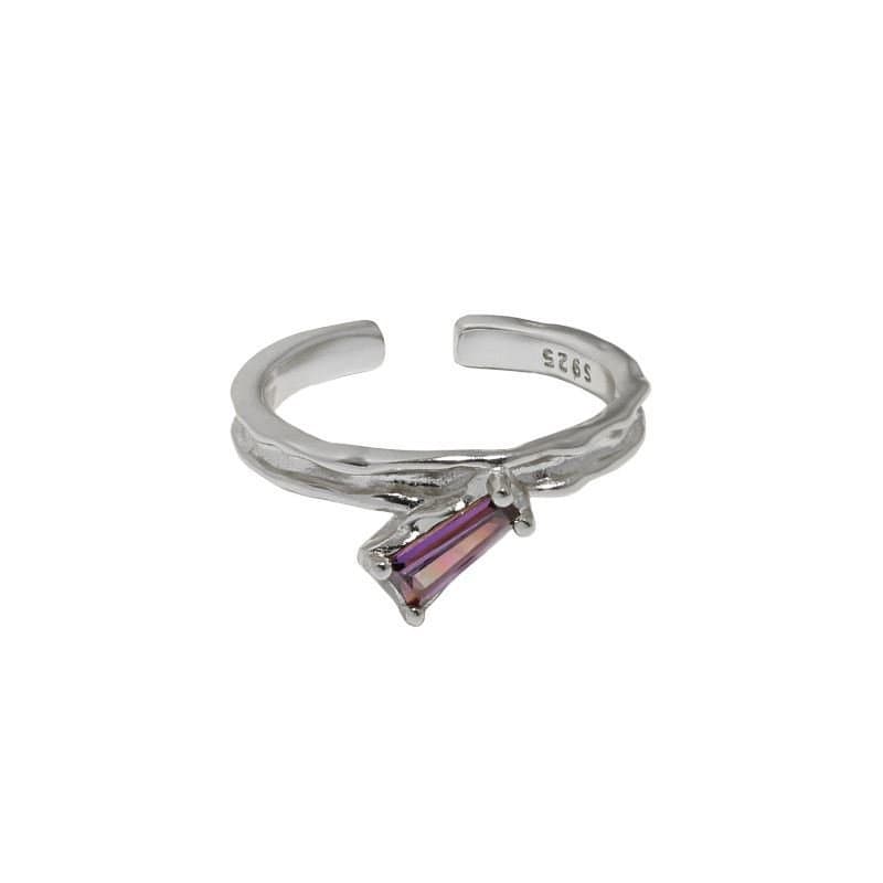 Geometric Purple CZ Stick 925 Sterling Silver Adjustable Ring
