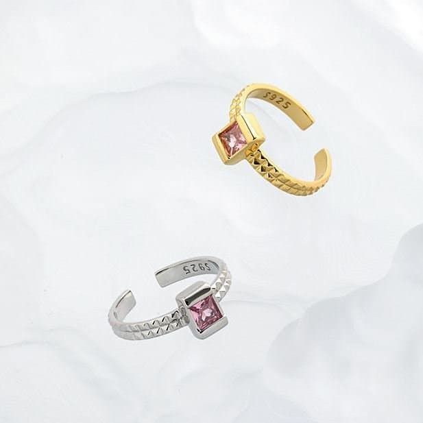 Geometric Pink CZ Square 925 Sterling Silver Adjustable Ring