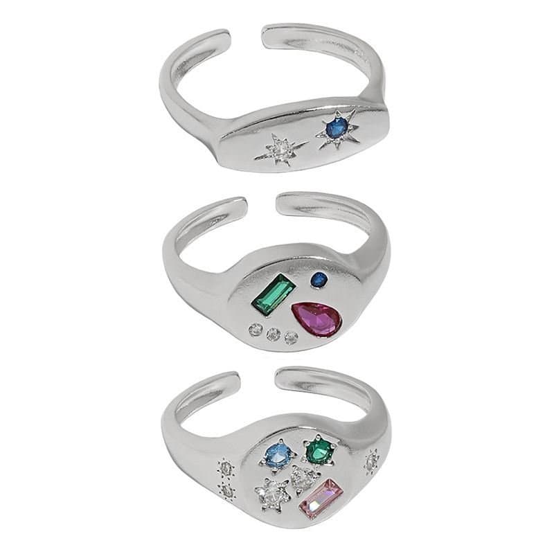 Colourful Geometric Star Oval CZ 925 Sterling Silver Adjustable Ring