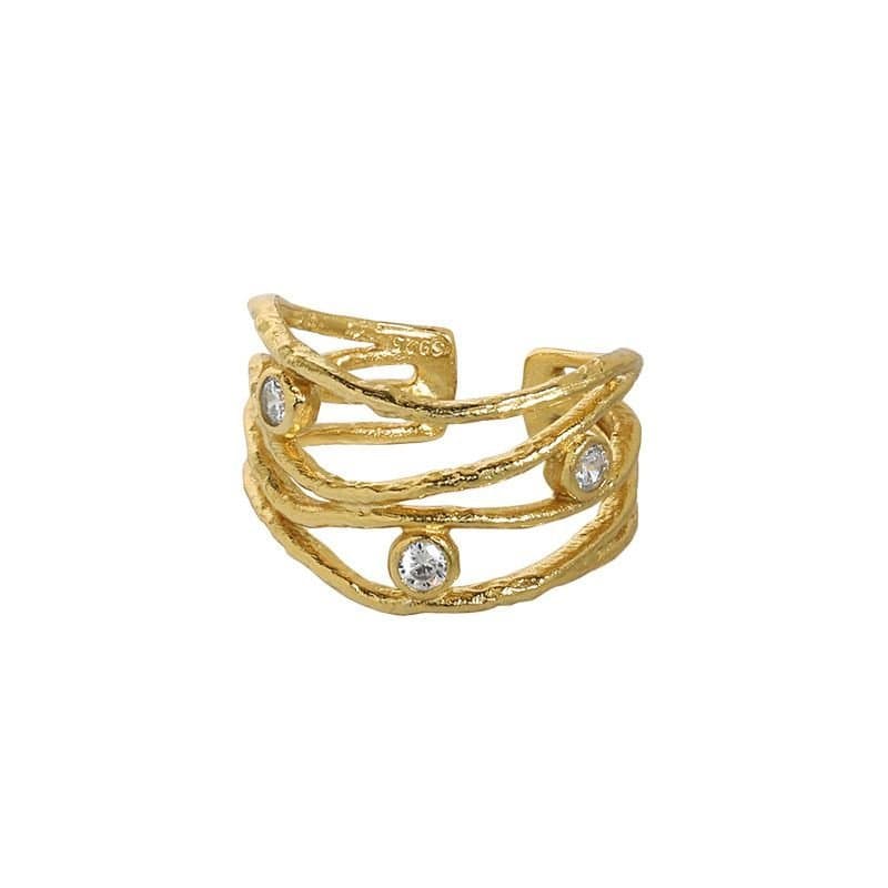 CZ Hollow Lines Wide 925 Sterling Silver Adjustable Ring