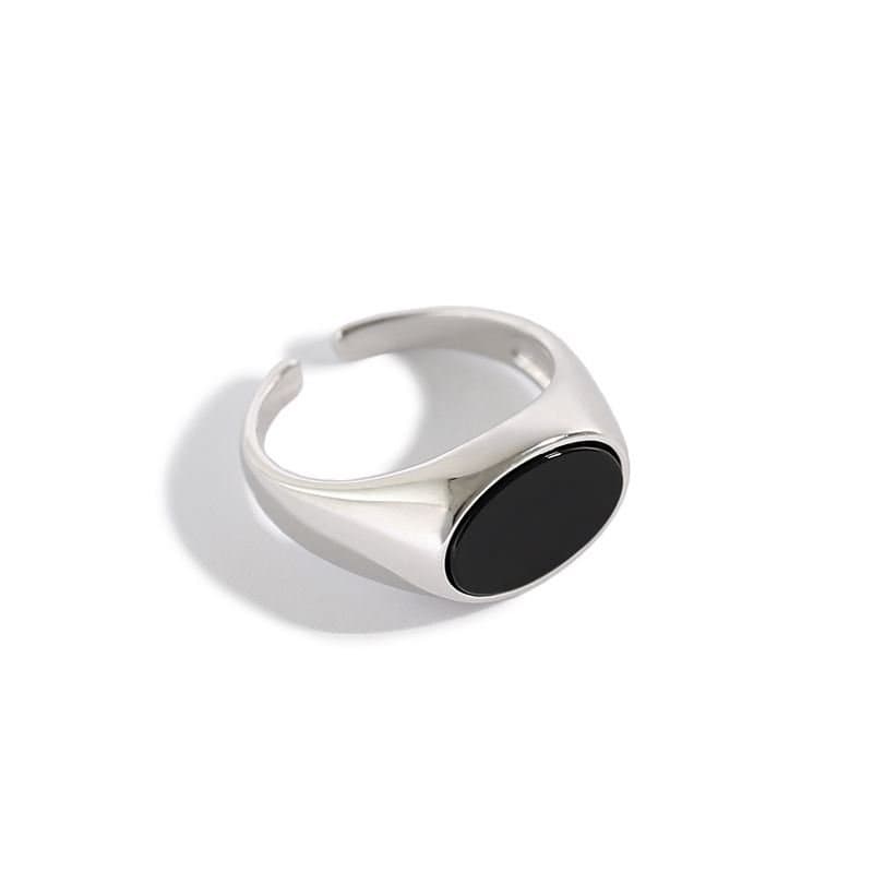 Geometric Created Black Agate 925 Sterling Silver Adjustable Ring