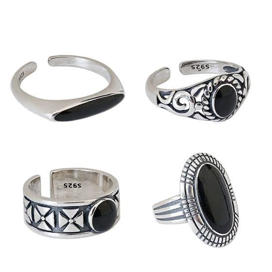 Vintage Black Geometric 925 Sterling Silver Adjustable Ring