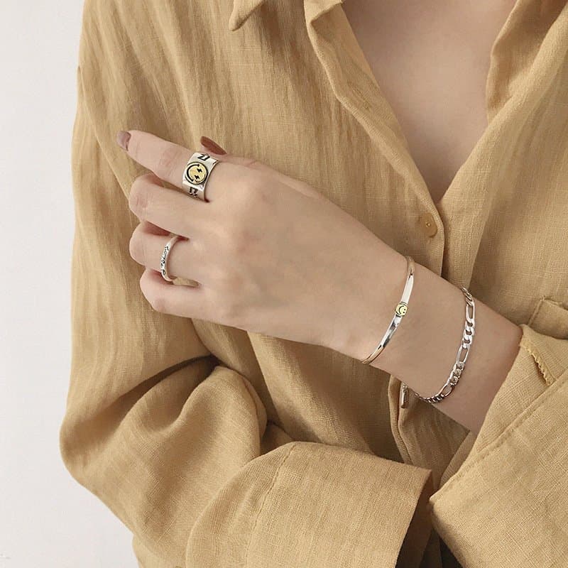 Smile Face 925 Sterling Silver Open Bangle