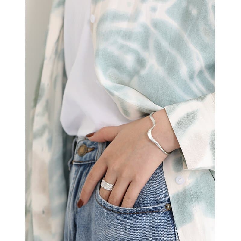 Irregular Wave 925 Sterling Silver Open Bangle