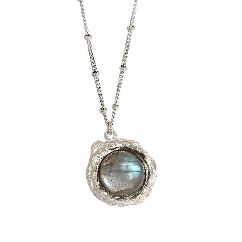 Round Natural Anemousite White Crystal Irregular 925 Sterling Silver Necklace