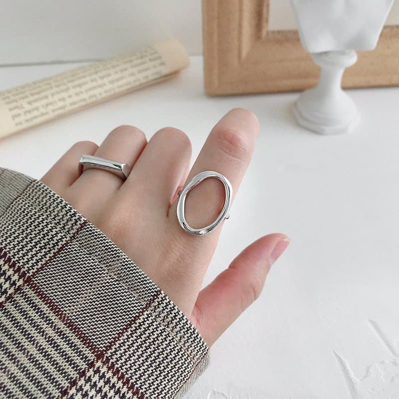 Irregular Geometric Hollow Circles 925 Sterling Silver Adjustable Ring