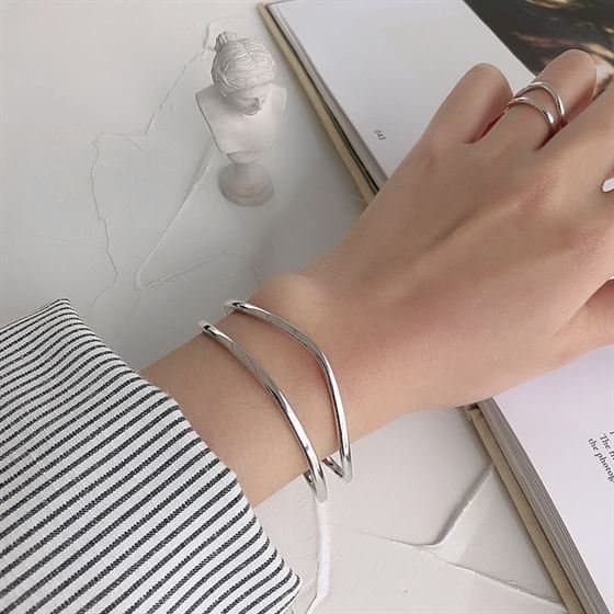 Double Layler 925 Sterling Silver Open Bangle