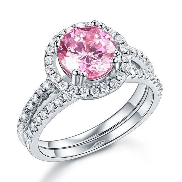 Halo 2 Carat Pink Created Diamond Ring Set