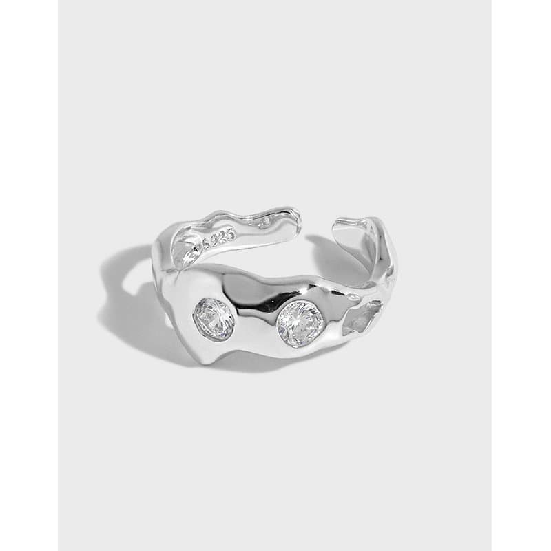 Two CZ Irregular Bones 925 Sterling Silver Adjustable Ring