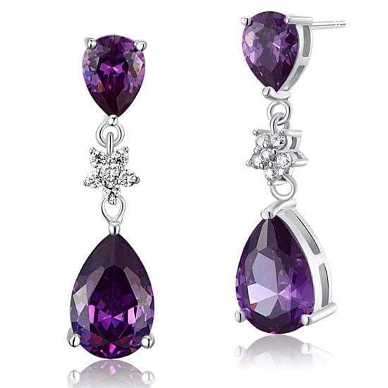 Purple Pear Cut Created Sapphire Dangle Earrings