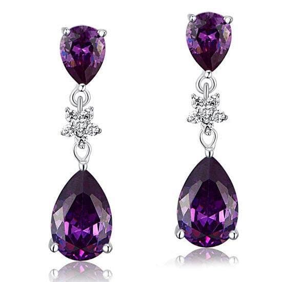 Purple Pear Cut Created Sapphire Dangle Earrings