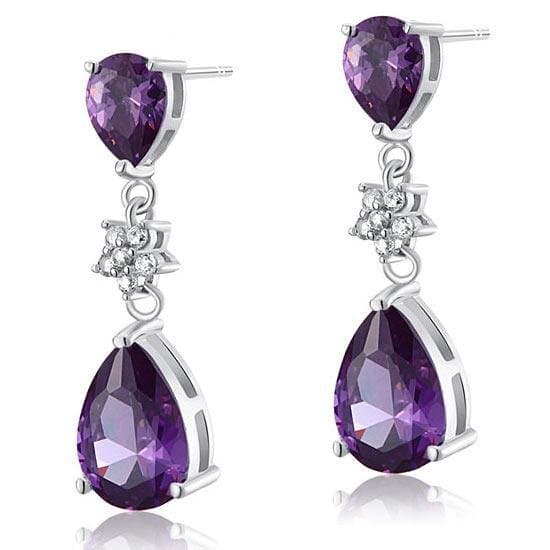 Purple Pear Cut Created Sapphire Dangle Earrings